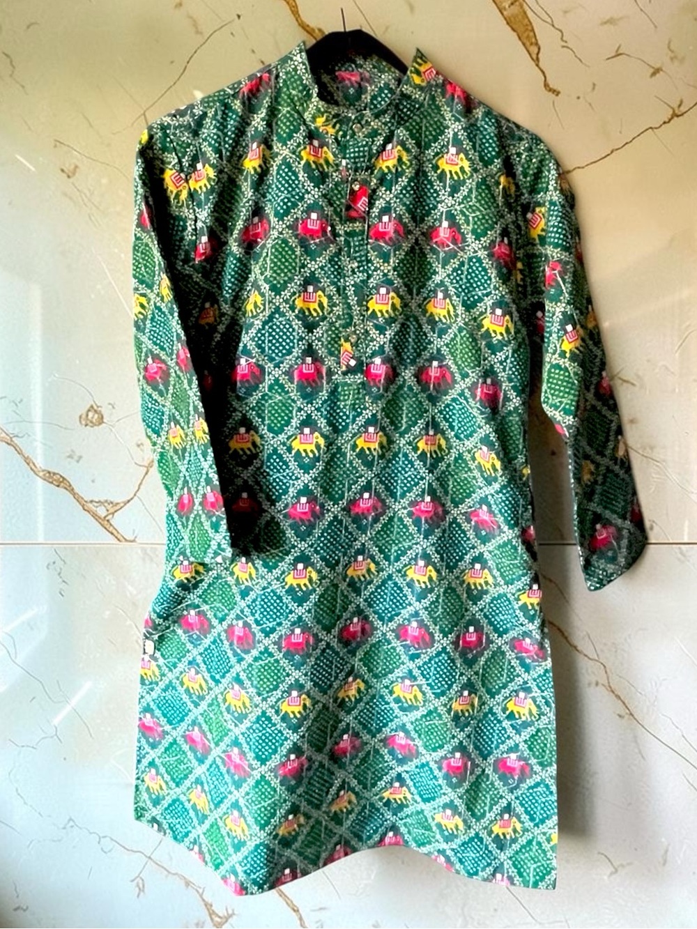 Motto Boys Indian Kurta Green Elephant Print Embroidered Size 10